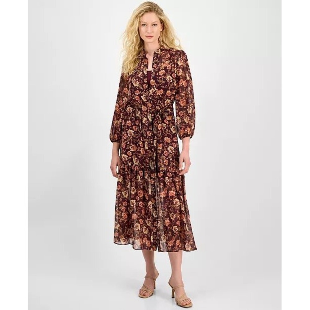 Julia Jordan Women Burgundy Floral Chiffon Tiered Midi Dress NWT Size 4